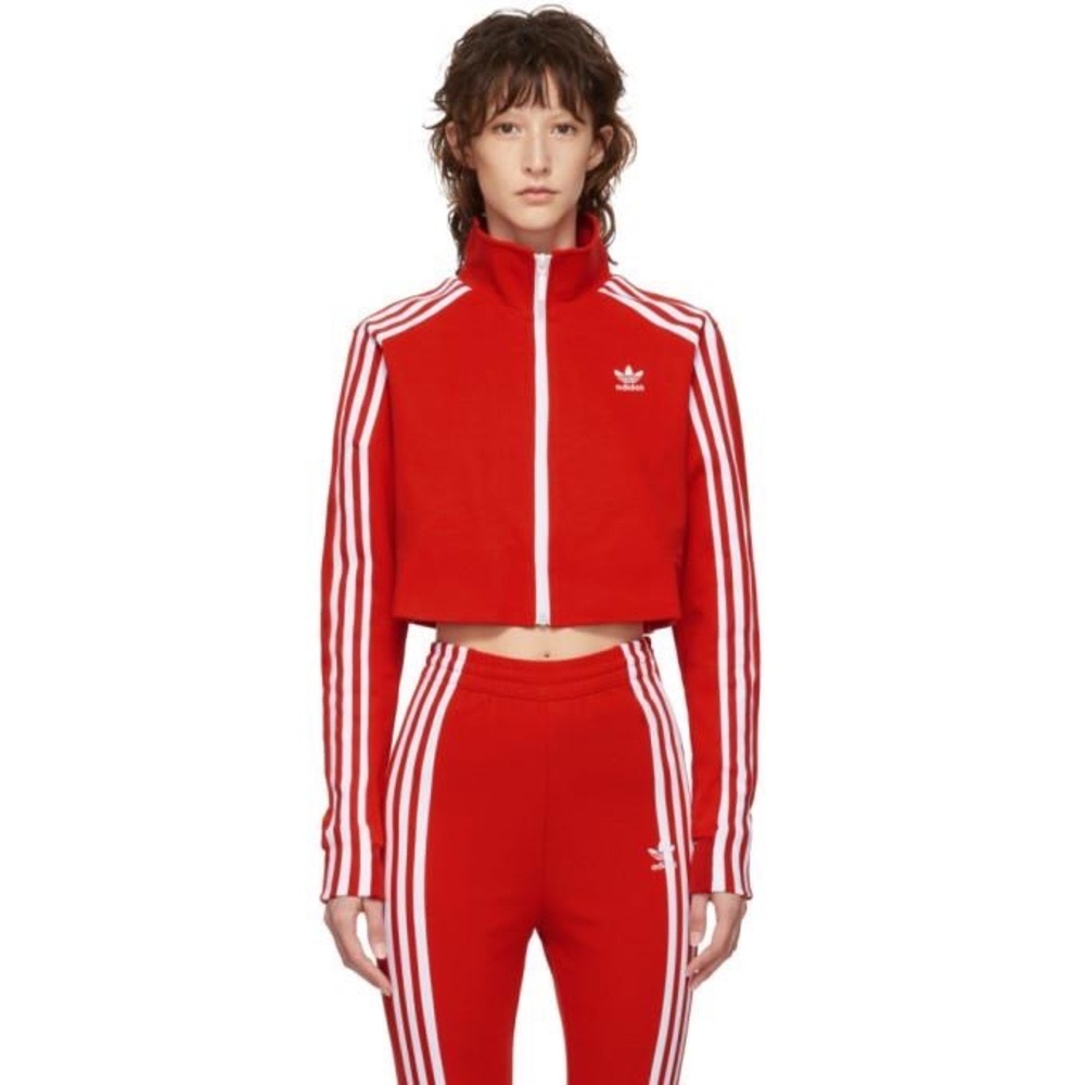 Adidas red tacksuit with signature white stripes cropped jacket and pants! BNWT
